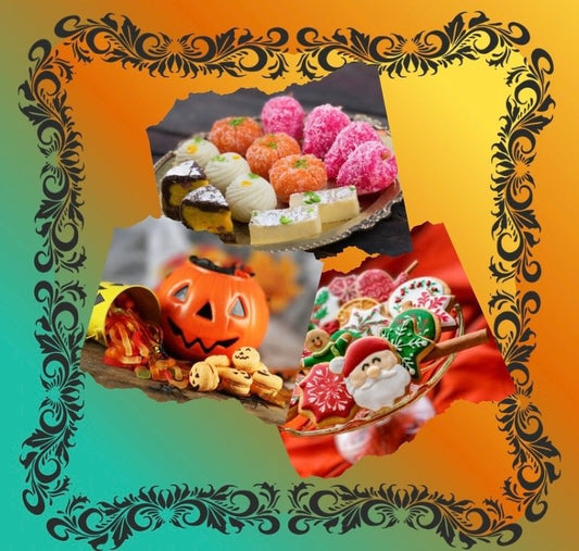 Festive sweets including Halloween candy, Diwali mithai, and Christmas treats highlighting sugar and oral health balance