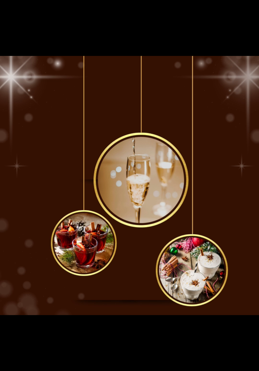 Festive party drinks including mulled wine, prosecco, and lattes with teeth care tips