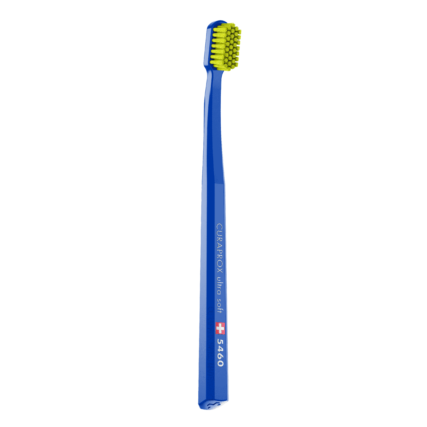 Curaprox CS 5460 Ultra Soft Toothbrush with blue handle and dense yellow bristles for gentle, effective cleaning and polishing teeth.