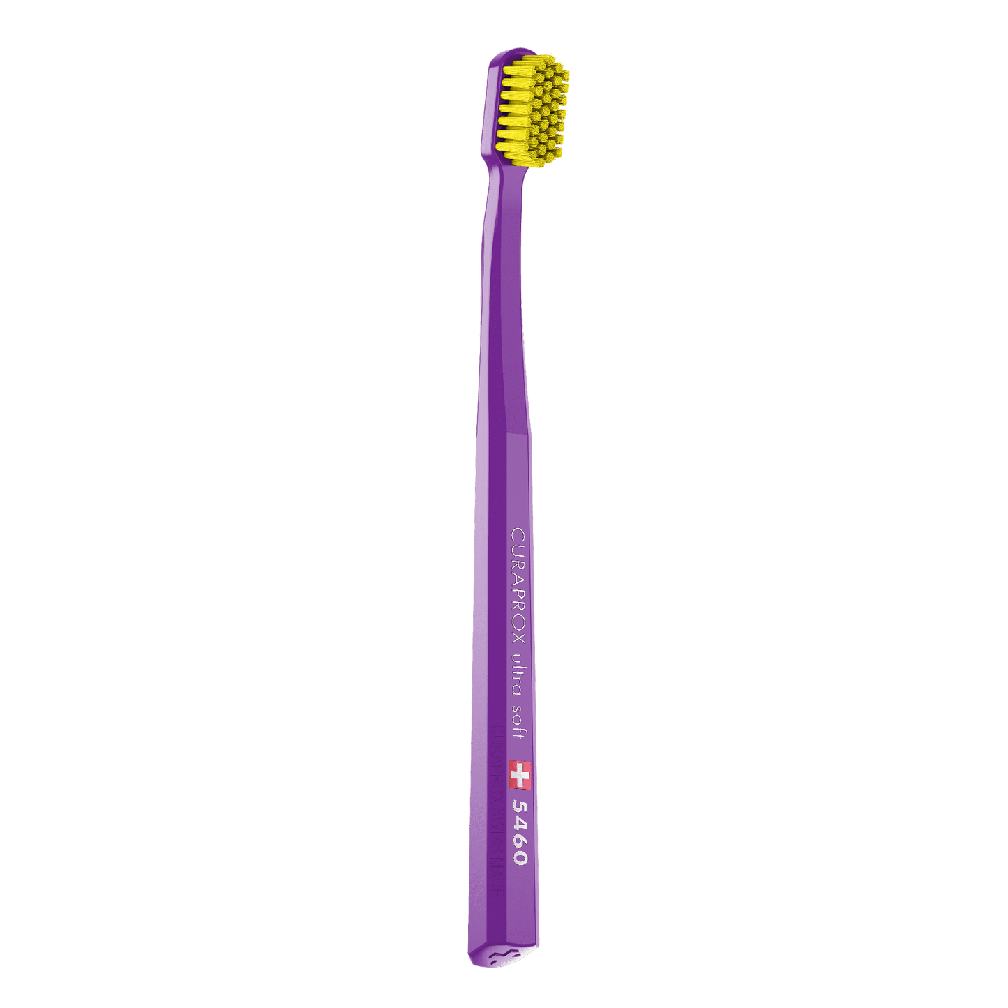 Curaprox CS 5460 ultra soft toothbrush with densely packed yellow bristles and purple handle for gentle and effective cleaning.