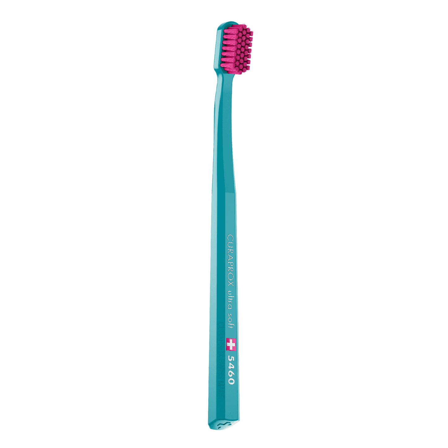 Curaprox CS 5460 ultra soft toothbrush with dense pink bristles and teal handle for gentle and effective cleaning.