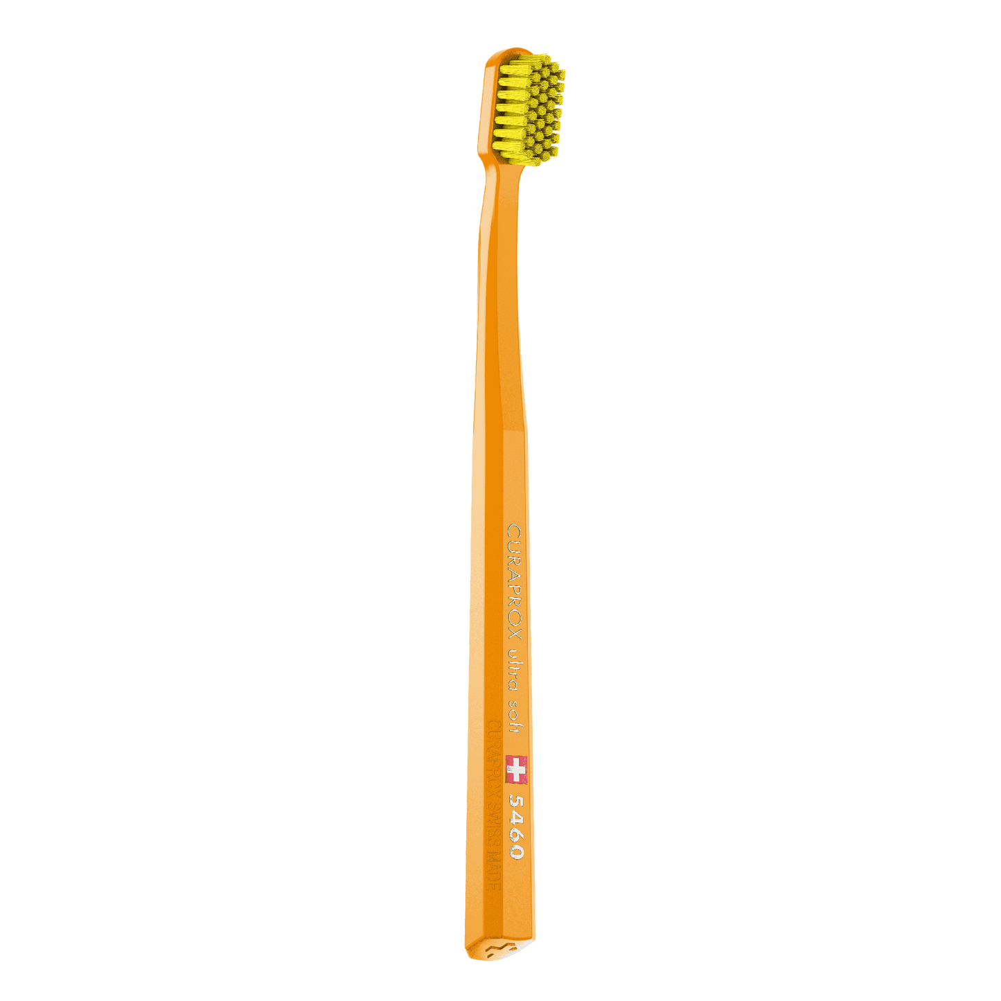 Curaprox CS 5460 ultra soft toothbrush with dense yellow bristles and an angled head for gentle and effective plaque removal.