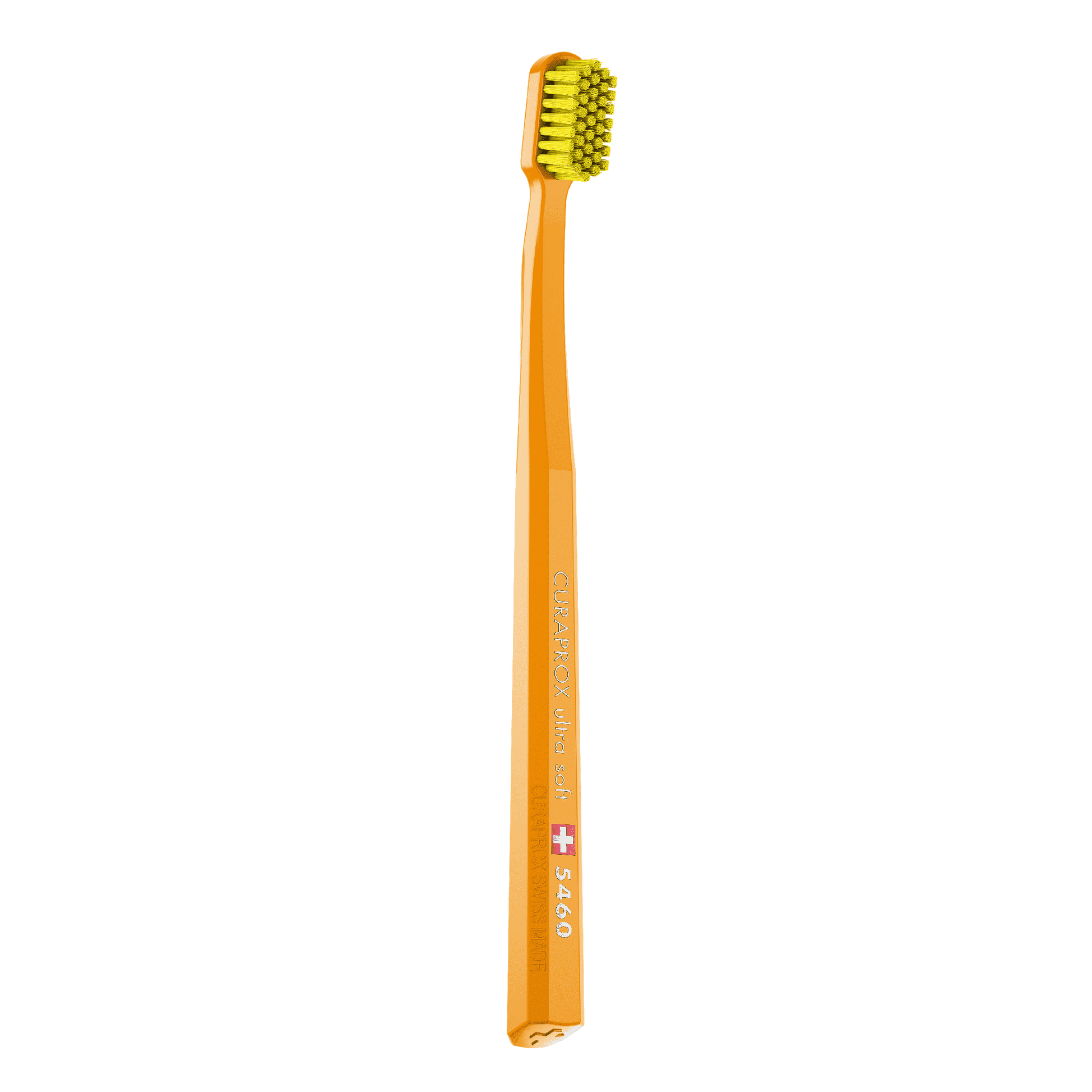 Curaprox CS 5460 ultra soft toothbrush with dense yellow bristles and an angled head for gentle and effective plaque removal.