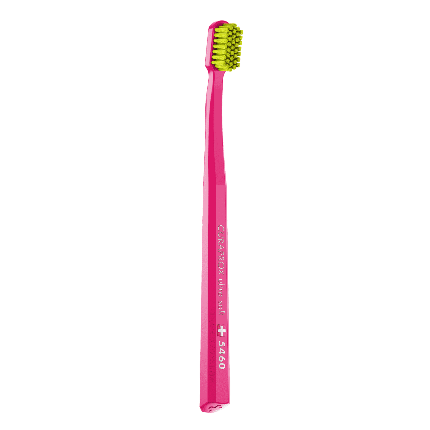 Curaprox CS 5460 ultra soft toothbrush with densely packed yellow bristles and pink handle for gentle, effective plaque removal and gum care.