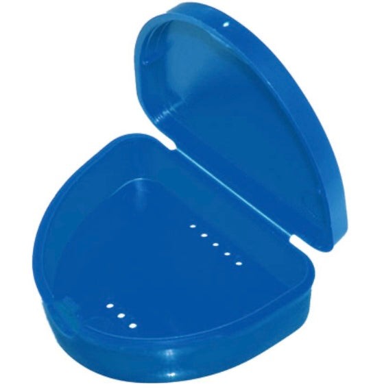 Compact blue retainer box with hinged lid, air holes, and snap-fit catch for hygienic storage of retainers and mouthguards