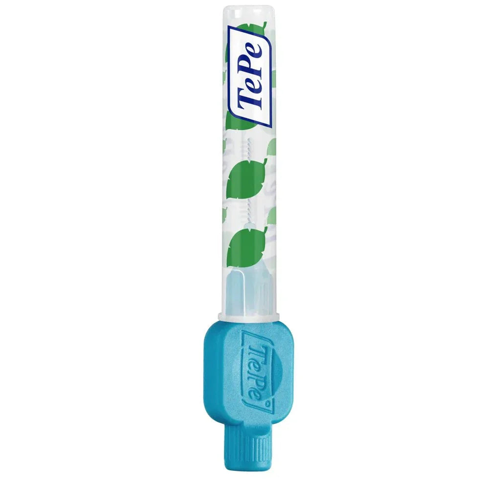 TePe Interdental Brush with blue handle in protective case for effective plaque removal between teeth