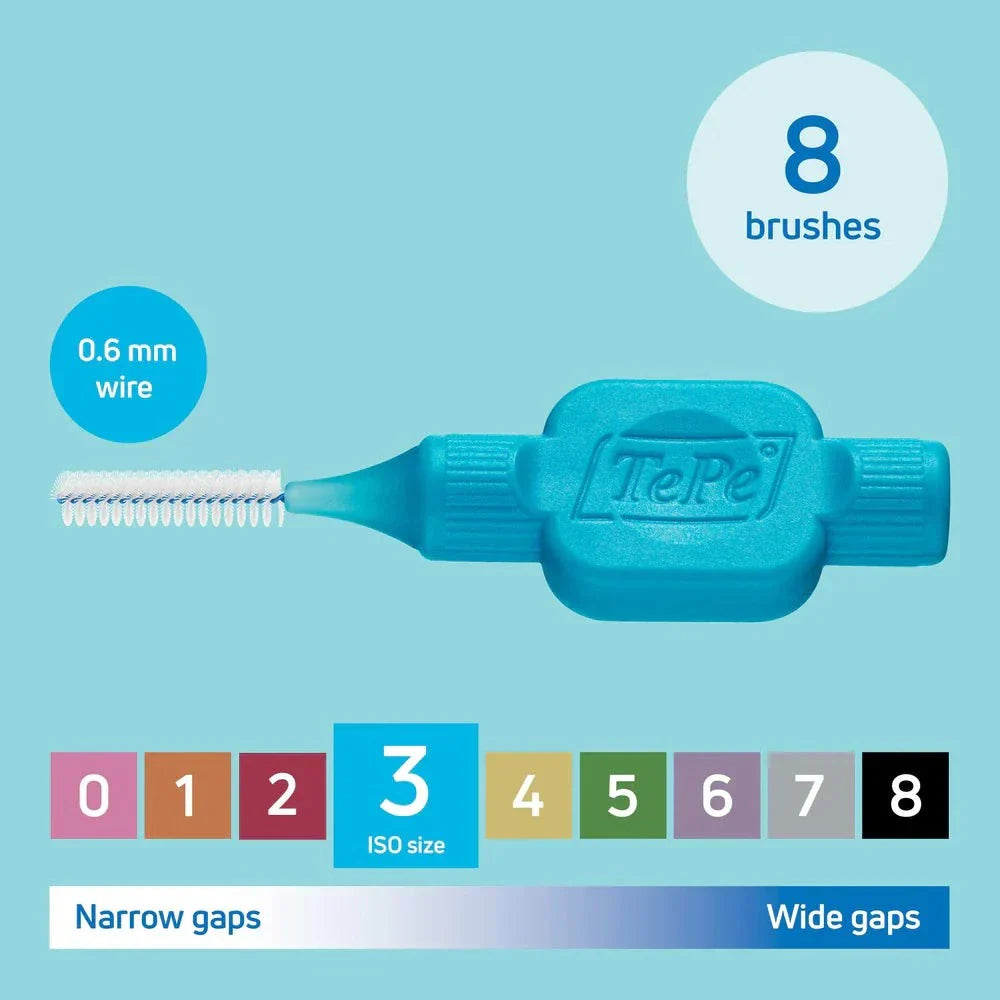 TePe Interdental Brushes original 8 pack for cleaning narrow to wide teeth gaps with 0.6 mm wire size 3 brush