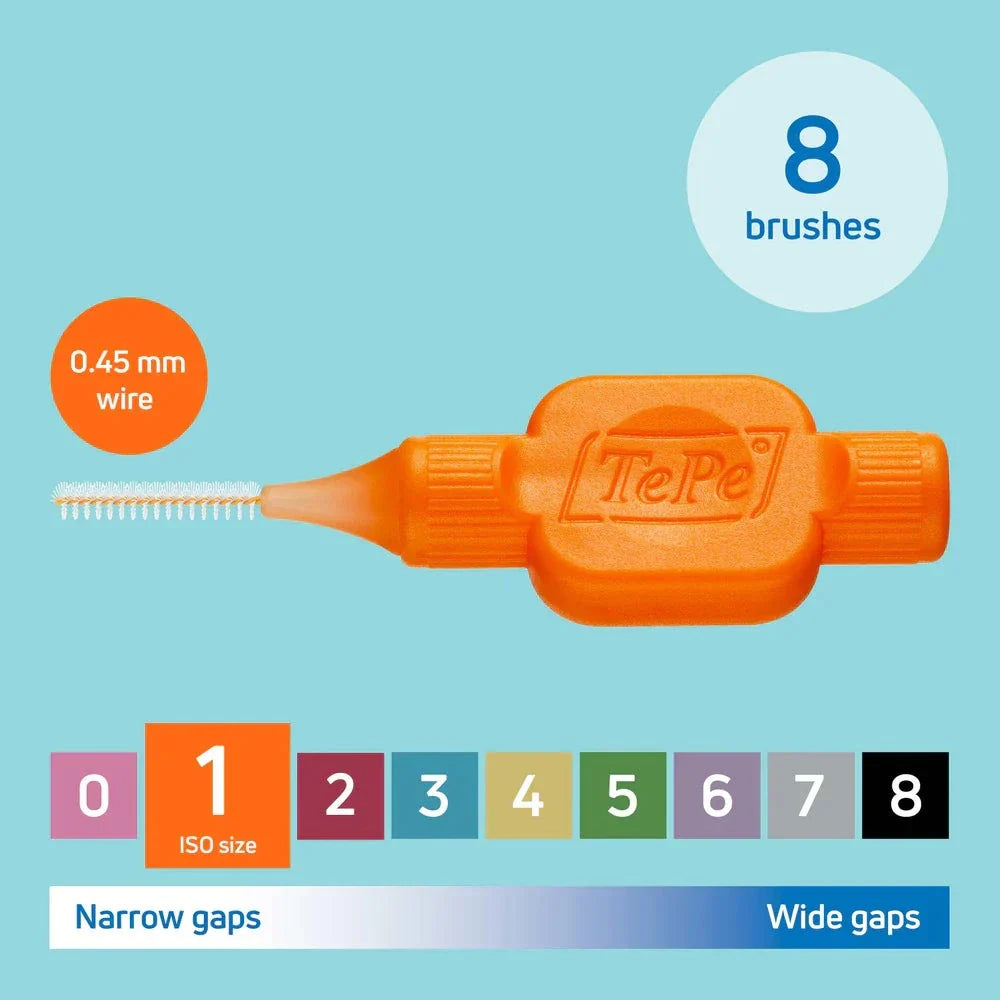 TePe Interdental Brushes Original 8 pack orange handle 0.45mm wire for narrow gaps