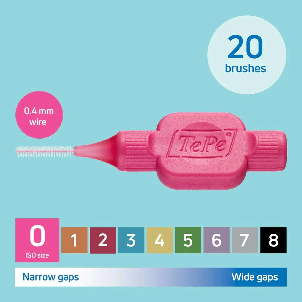 TePe Interdental Brushes 0.4mm narrow gap pink brush for cleaning between teeth and gums.