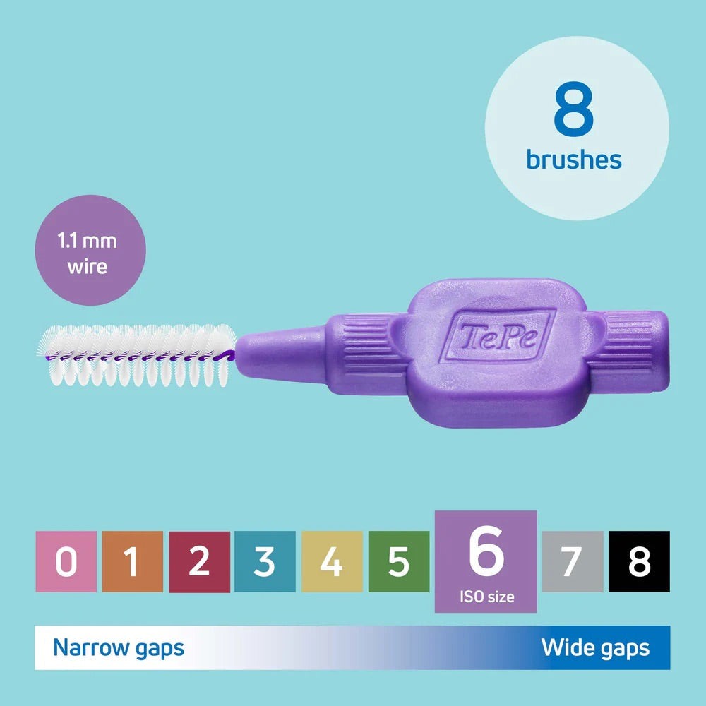 TePe Interdental Brushes pack of 8 purple 1.1mm brushes for effective plaque removal and gum health