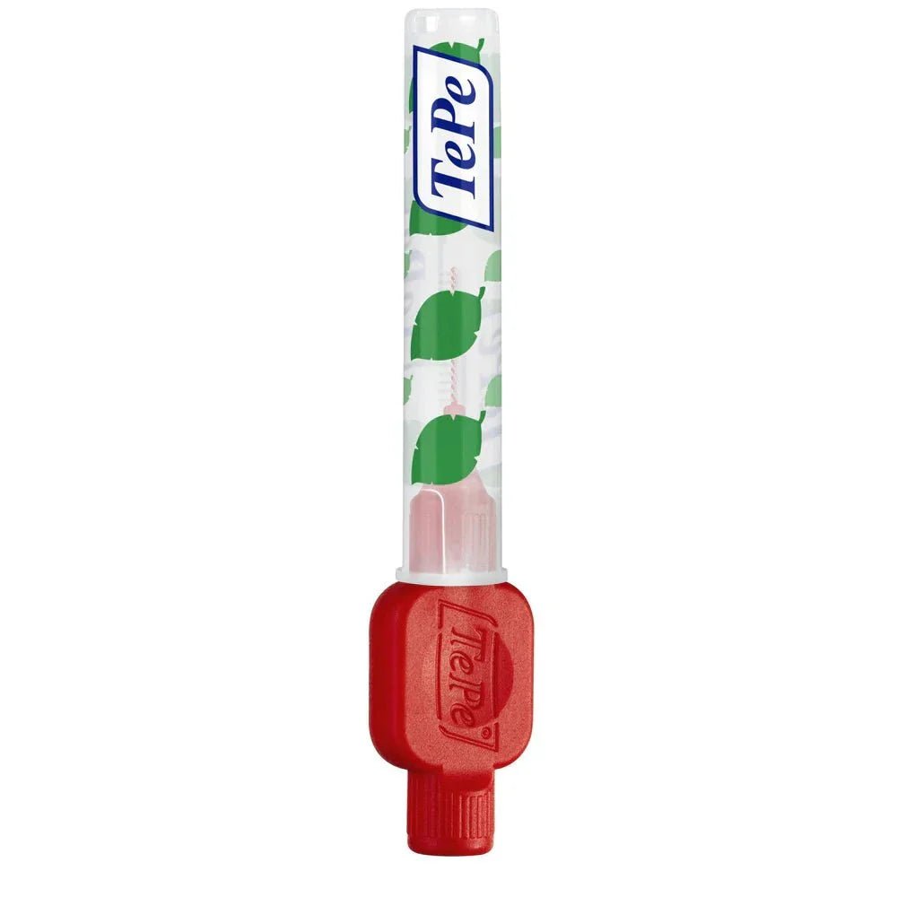 TePe interdental brush with red handle for cleaning between teeth and gums