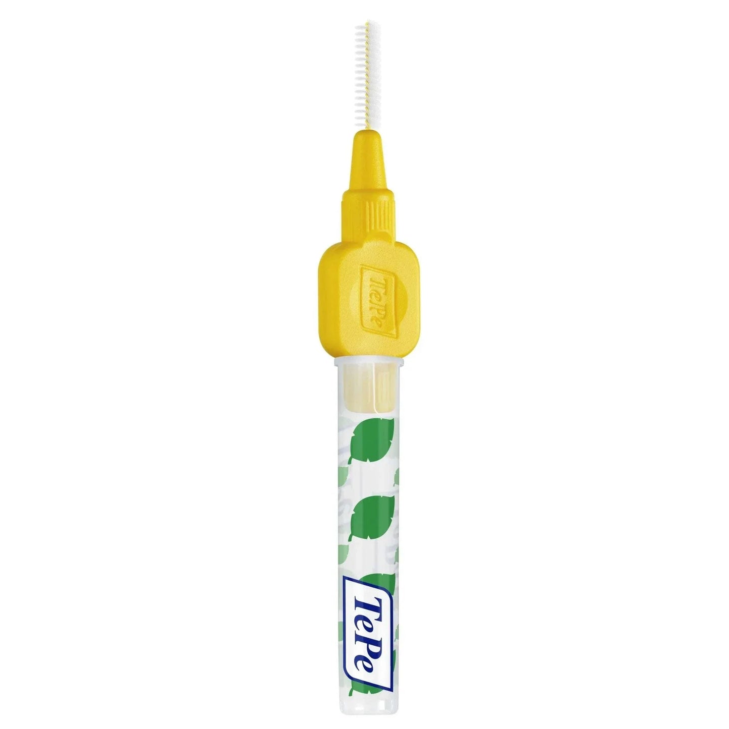 TePe Interdental Brush with yellow handle for cleaning between teeth and dental implants.