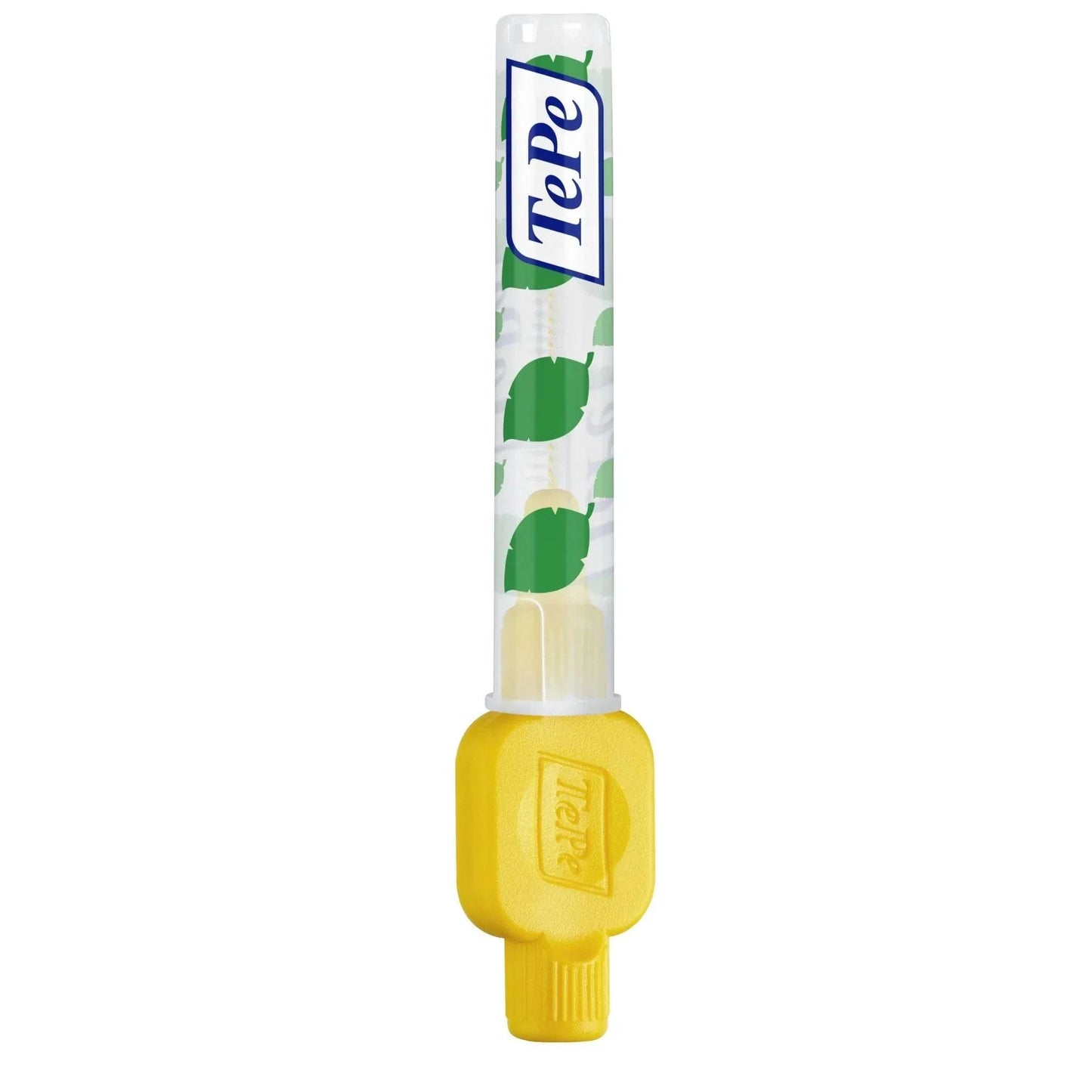 TePe Interdental Brush with yellow handle in clear protective case for effective plaque removal between teeth